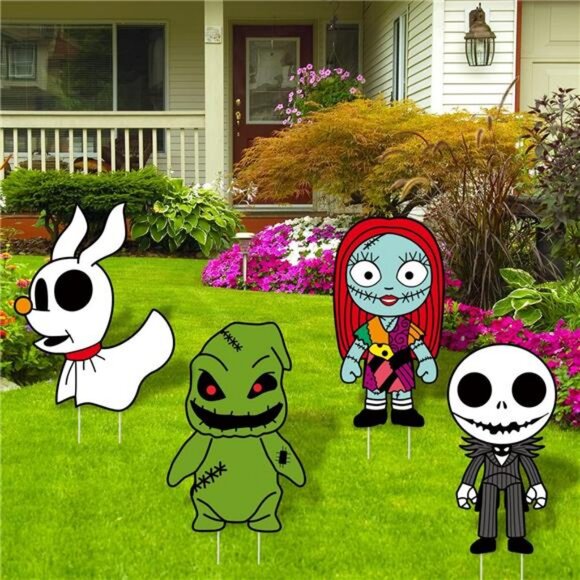 4PCS Christmas Yard Stake Signs with Jack Sally for Garden Lawn Party Prop Decor - Picture 1 of 7